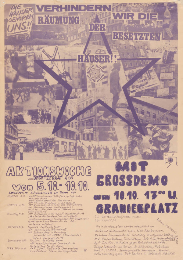 Collage poster with purple tones, featuring images of protests and buildings. Bold text reads "Verhindern wir die Räumung der besetzten Häuser!! Aktionswoche vom 5.10-10.10. Mit Grossdemo am 10.10. 17 u. Oranienplatz."