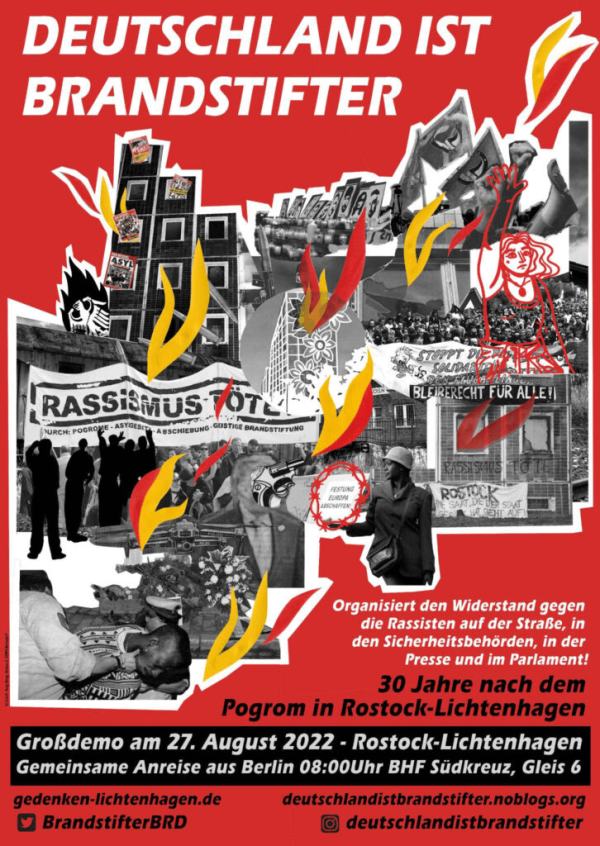 Poster with bold text "DEUTSCHLAND IST BRANDSTIFTER" over a collage of protest images and flames. Details a demonstration in Rostock-Lichtenhagen on August 27, 2022. Includes URLs and social media handles.