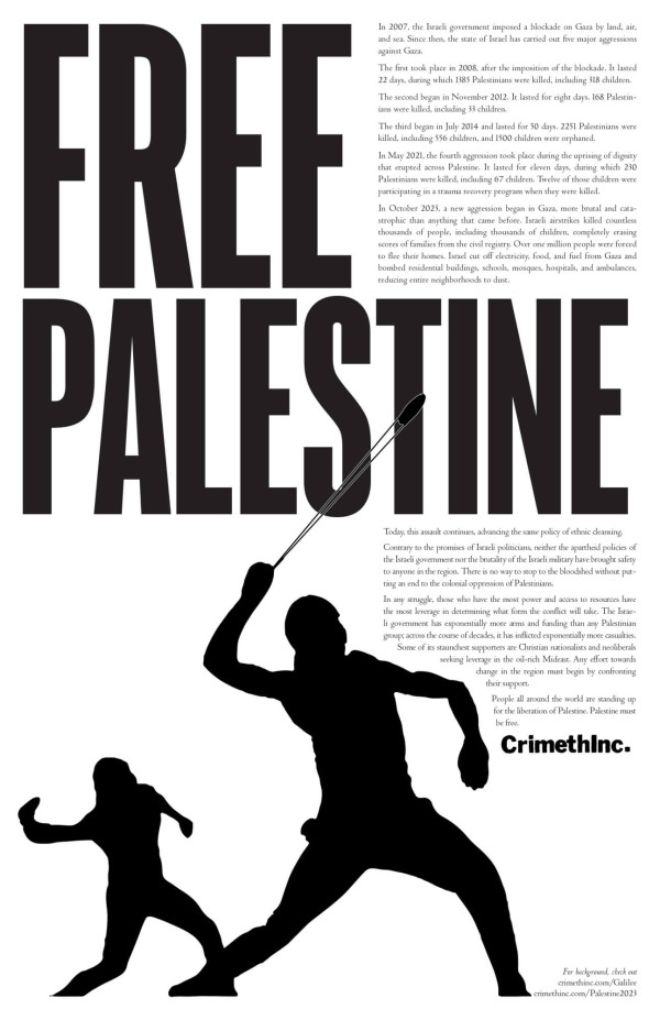 Ein Poster mit dem Text "Free Palestine" in großen schwarzen Buchstaben auf weißem Hintergrund. Im unteren Teil sind zwei schwarze Silhouetten von Personen, die Steine werfen. Rechts befindet sich ein Textblock mit Informationen über die Geschichte und den Konflikt in Gaza, beginnend mit dem Jahr 2007. Am Ende steht der Satz: "People all around the world are standing up for the liberation of Palestine. Palestine must be free." Unten rechts steht "CrimethInc." in schwarzer Schrift.