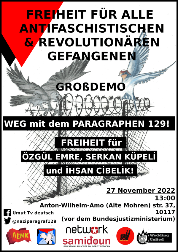 Poster with red and black text: "Freiheit für alle antifaschistischen & revolutionären Gefangenen." Features illustrations of birds and barbed wire, event details, and social media icons.