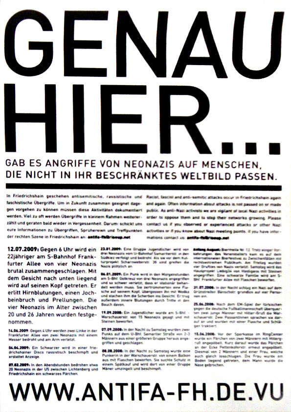 Schwarz-weißes Plakat mit dem fettgedruckten Text "GENAU HIER...", gefolgt von einem kleineren Text über neonazistische Angriffe. Es enthält Daten und Beschreibungen der Vorfälle.