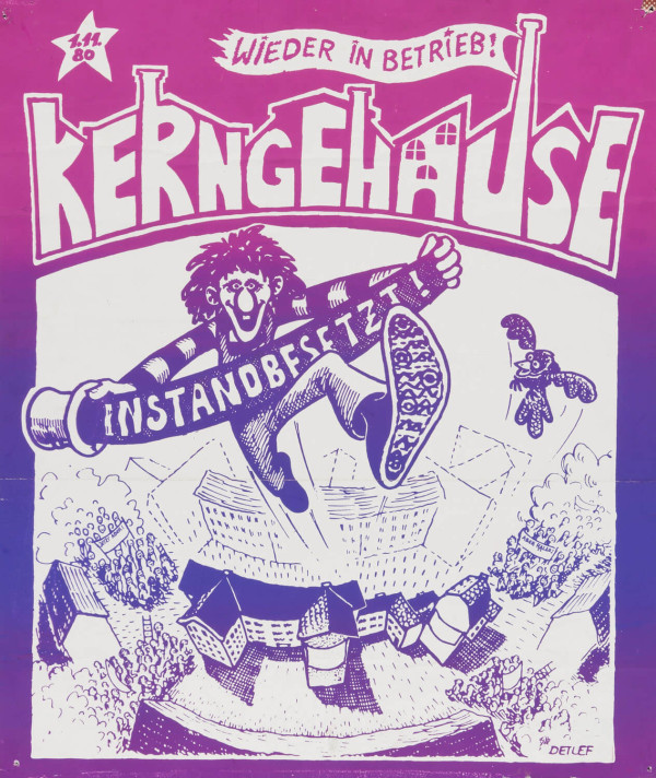 A vibrant poster with a pink to purple gradient background. Bold text reads "Kerngehäuse" with "Instandbesetzt!" below. A cartoon character leaps joyfully over buildings, with "Wieder in Betrieb!" above.