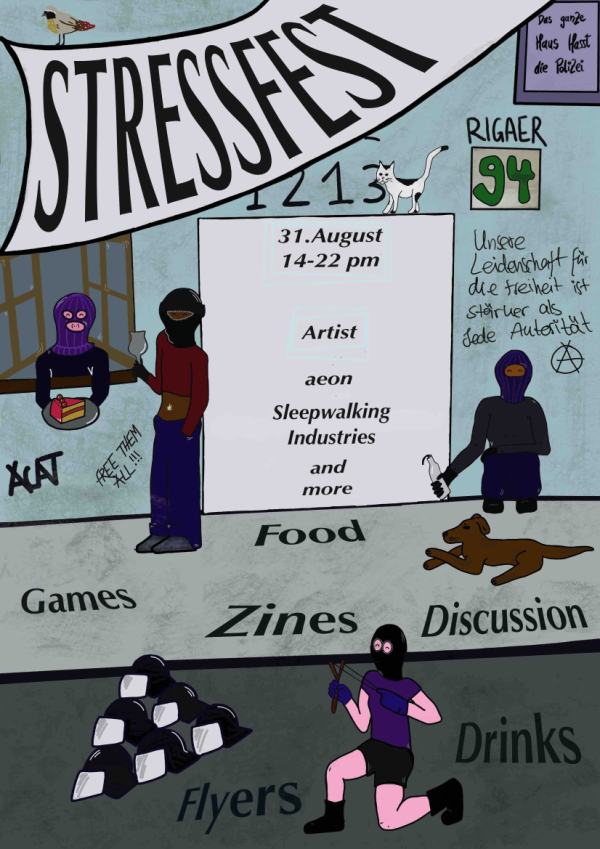 Plakat für "Stressfest" mit blauem Hintergrund und Cartoon-Figuren. Text: "31. August, 14-22 Uhr, Artist aeon, Sleepwalking Industries". Mit maskierten Figuren, einem Hund und Wörtern wie "Essen" und "Spiele".
