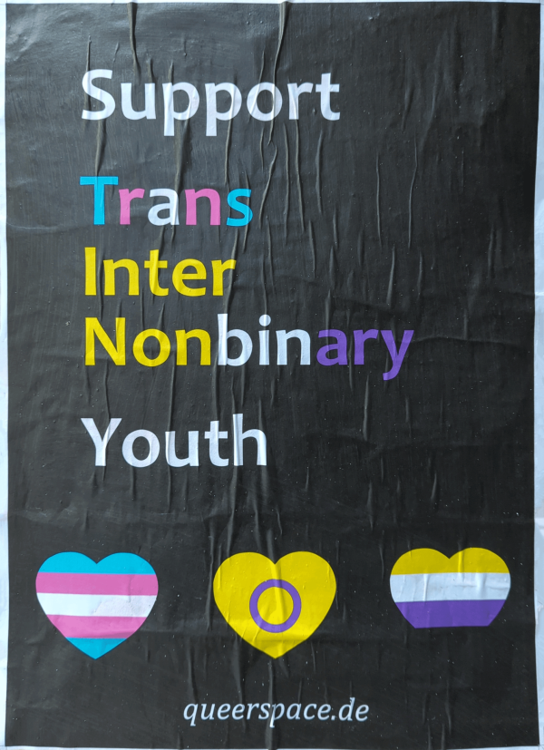 Ein schwarzes Poster mit dem Text: "Support Trans Inter Nonbinary Youth" in weiß, blau, pink, gelb und lila. Unten sind drei Herzen abgebildet: Das linke Herz in den Farben der Transgender-Flagge, das mittlere in Gelb mit einem lila Kreis für Intergeschlechtlichkeit, und das rechte in den Farben der nicht-binären Flagge. Am unteren Rand steht "queerspace.de" in weißer Schrift.