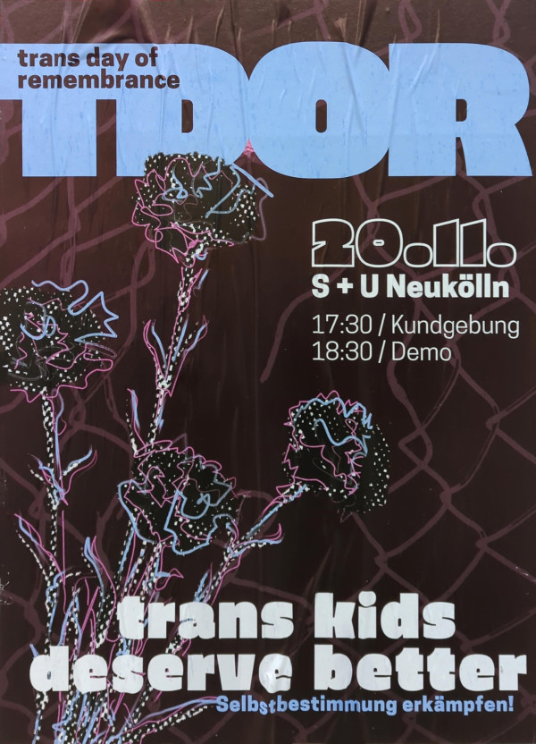 Ein Poster mit dunkelbraunem Hintergrund zeigt illustrierte Blumen in Rosa und Blau. Oben links steht "trans day of remembrance". Dadrunter in großen, hellblauen Buchstaben "TDOR". Rechts steht "20.11. S + U Neukölln" in Weiß. Darunter "17:30 / Kundgebung 18:30 / Demo". Unten in großen weißen Buchstaben "trans kids deserve better" und darunter in Hellblau "Selbstbestimmung erkämpfen!".