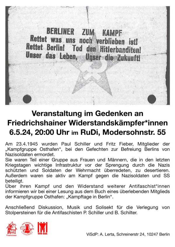 Plakat mit einer Vintage-Papierstruktur und schwarzem Text. Im oberen Text steht "Berliner zum Kampf", gefolgt von Veranstaltungshinweisen für eine Gedenkveranstaltung am 6.5.24 um 20:00 im RuDi, Modersohnstr. 55.